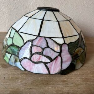 Vintage Tiffany-Style Stained Glass Lamp Shade With Pink Rose Design 12”